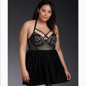 TORRID BLACK MESH & TEAL LACE UNDERWIRE BABYDOLL